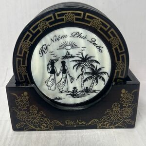 Vietnam‎ Asian Art Set Of 6 Vietnamese Coasters Mother Of Pearl Inset Vintage